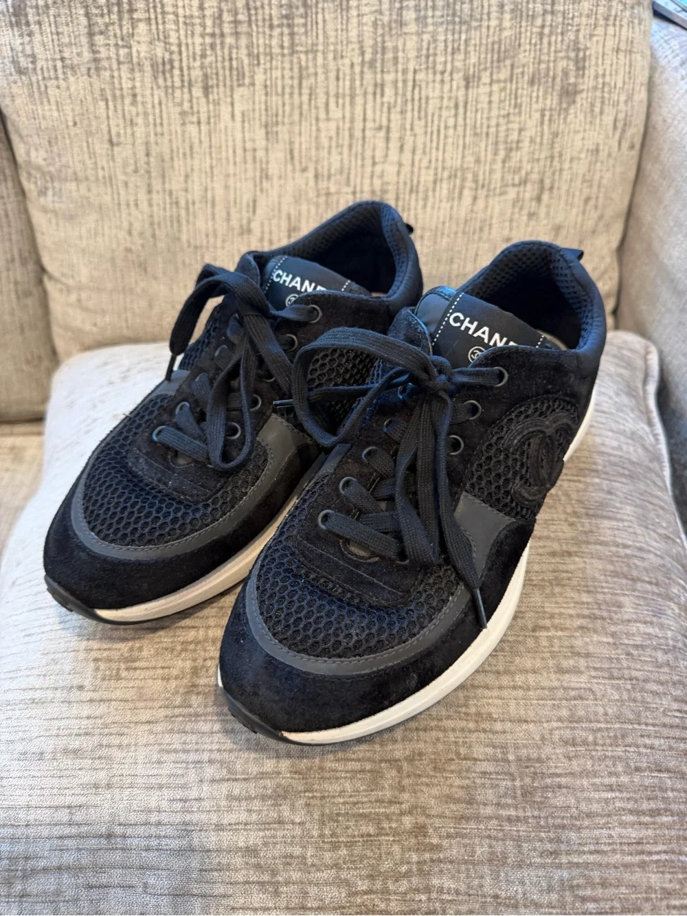 CHANEL Calfskin Mesh Lycra Suede Womens Logo Sneakers ⭐️size 38 AUTHENTIC